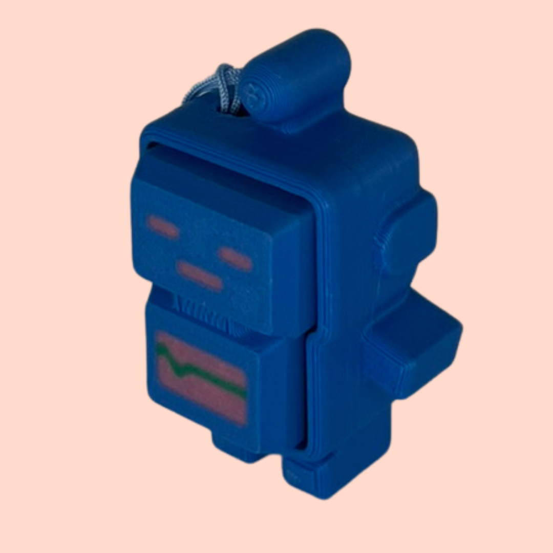 Blue robot-shaped object on a beige background