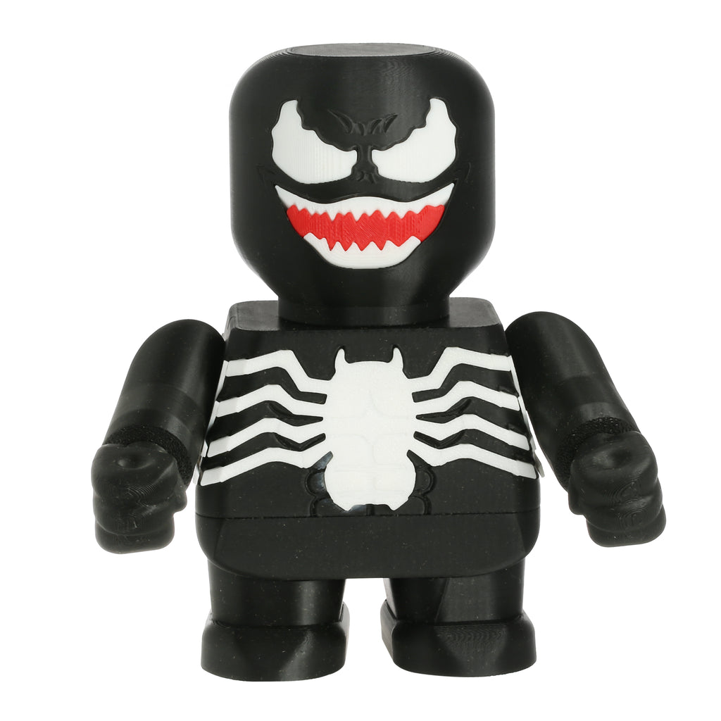Venom toy figure with black and white design on a white background