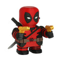 Deadpool figurine with red and black costume holding yellow guns on a white background