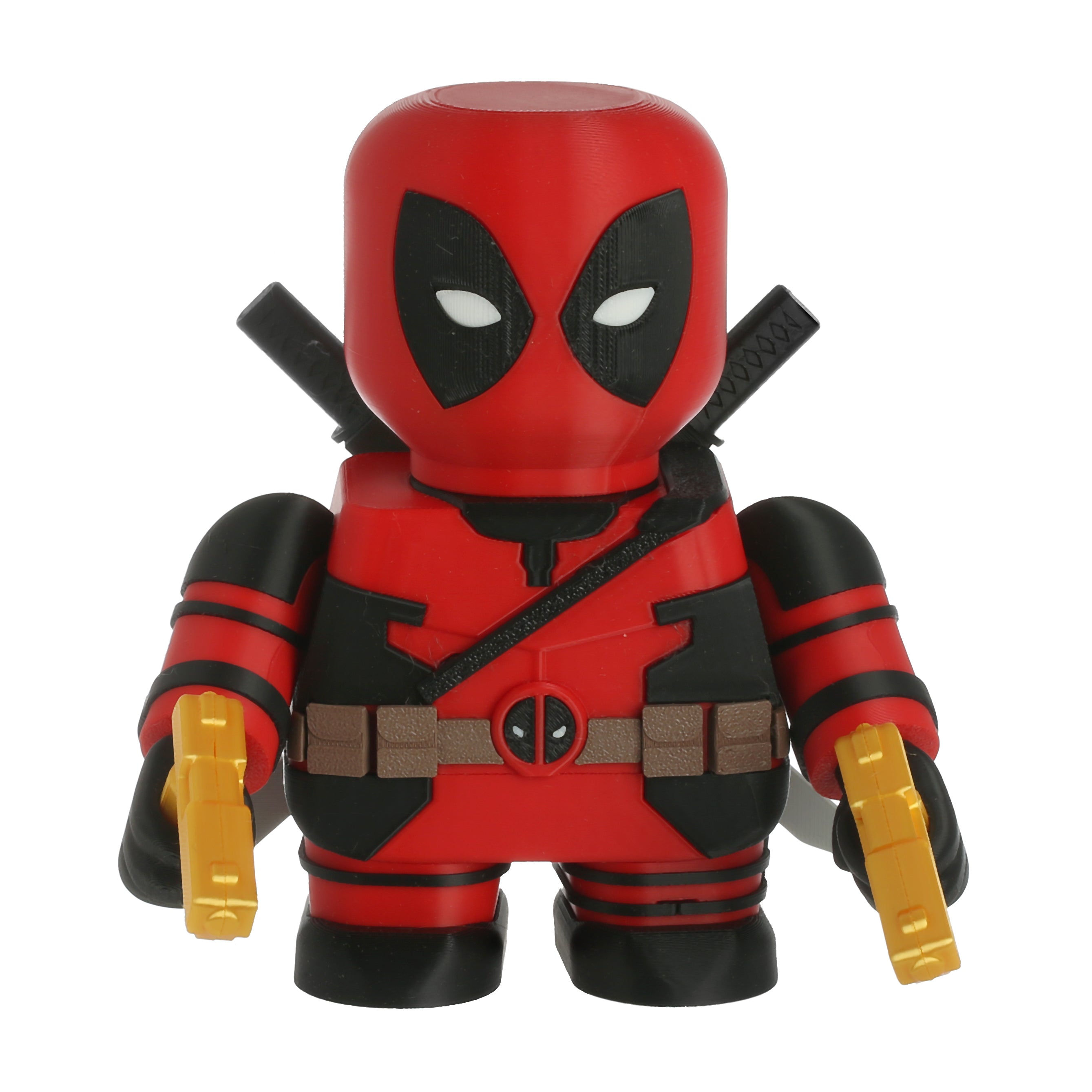 Deadpool action figure with red and black costume on a white background