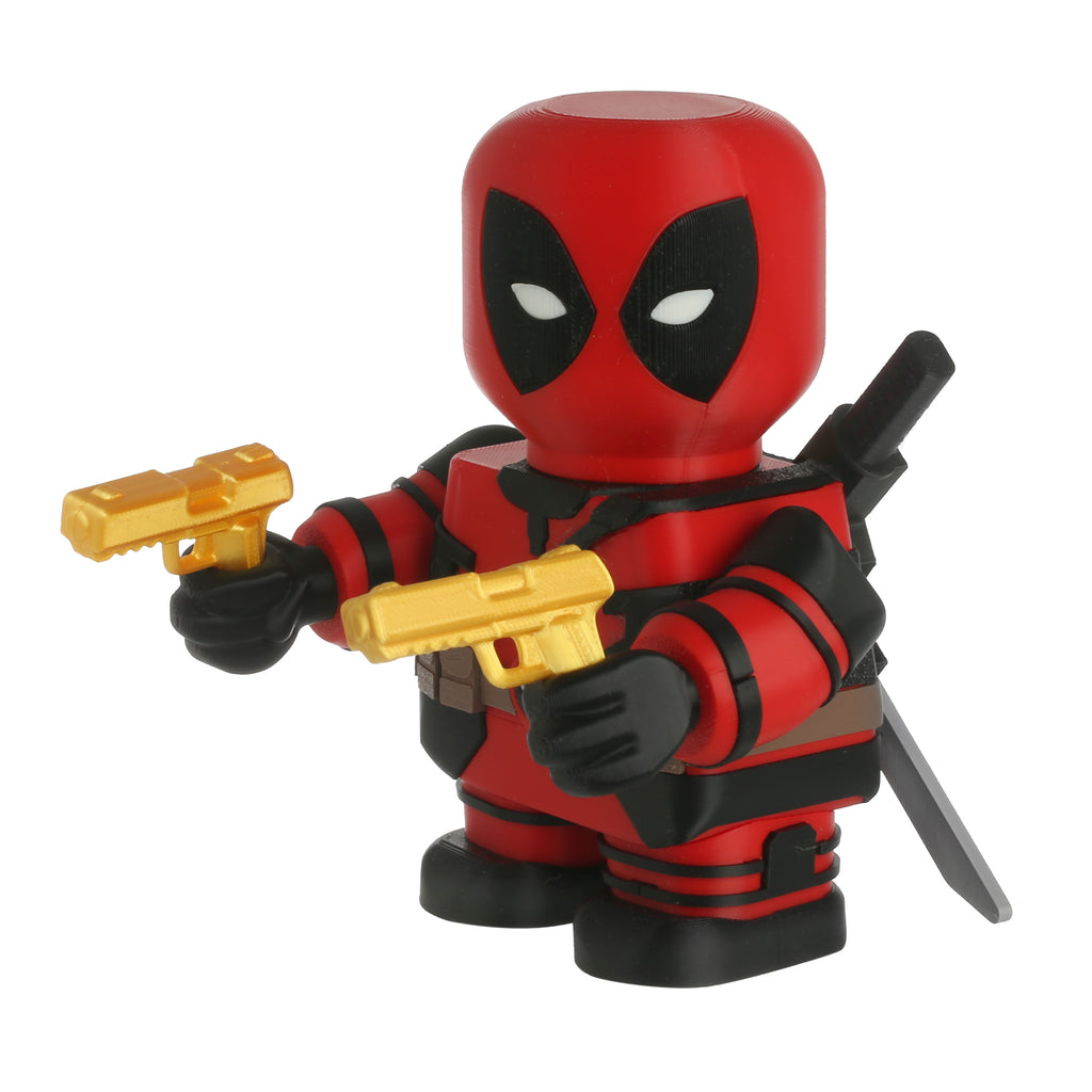 Deadpool action figure holding gold guns on a white background