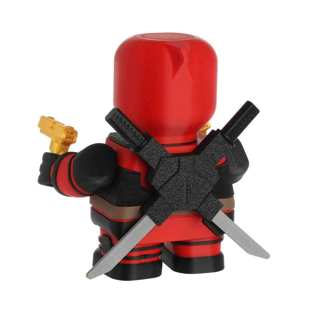 Red and black action figure with weapons on a white background