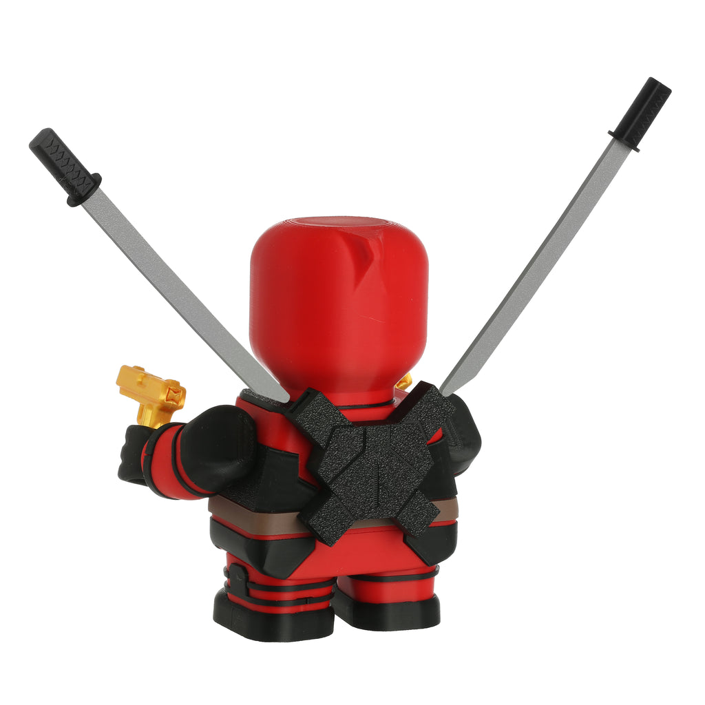Red superhero figurine with crossed swords on a white background