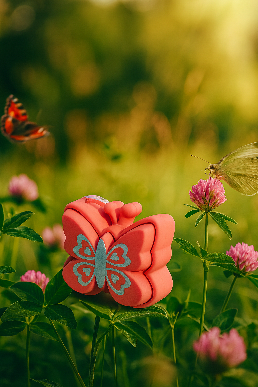 Pink butterfly-shaped object on a green plant with butterflies in the background