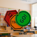Colorful traffic light-style signs with 'Stop', 'Think', and 'Go!' on a classroom background.
