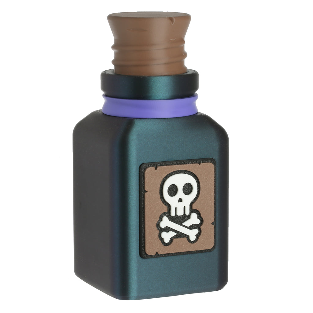 Small bottle with a skull and crossbones label on a white background