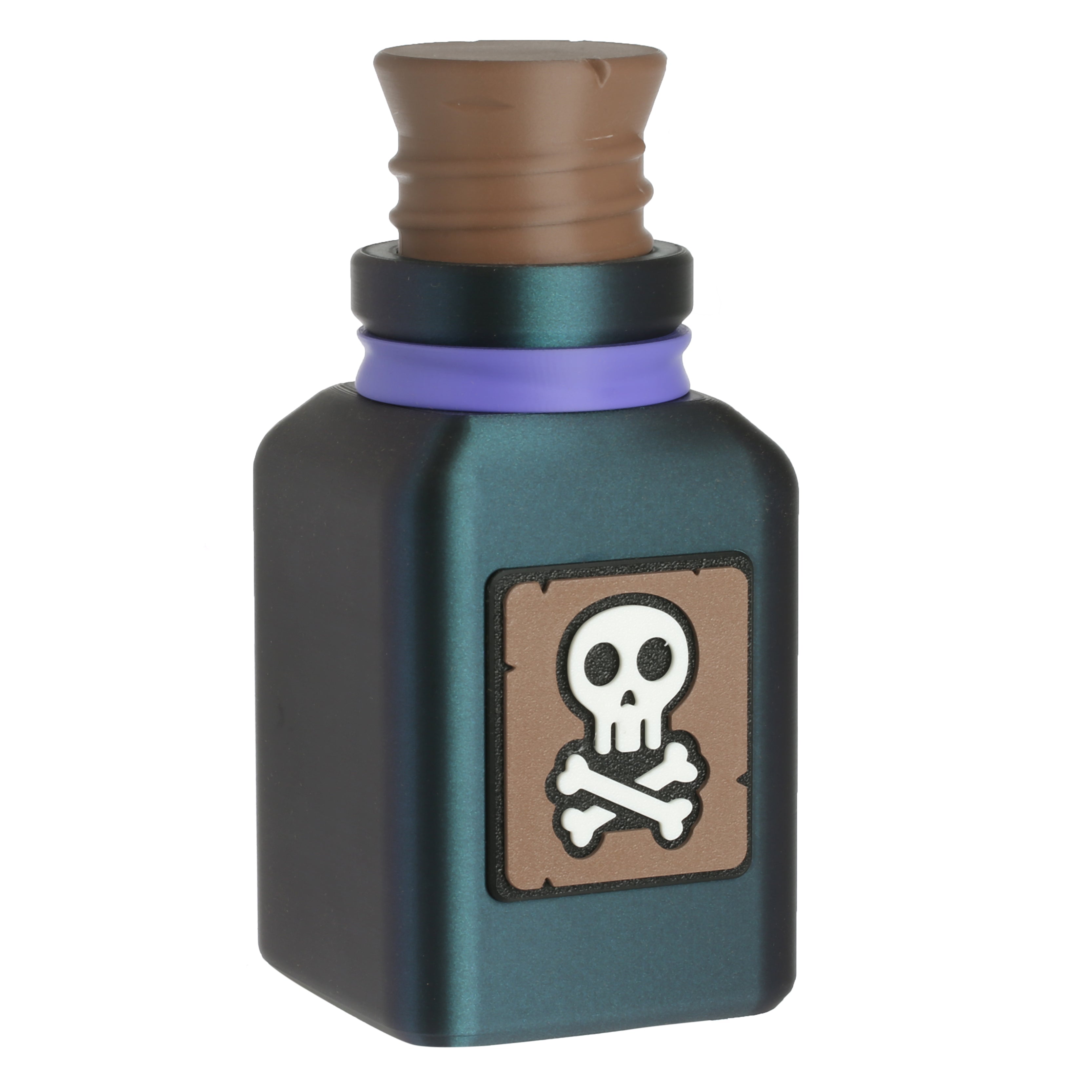 Small bottle with a skull and crossbones label on a white background