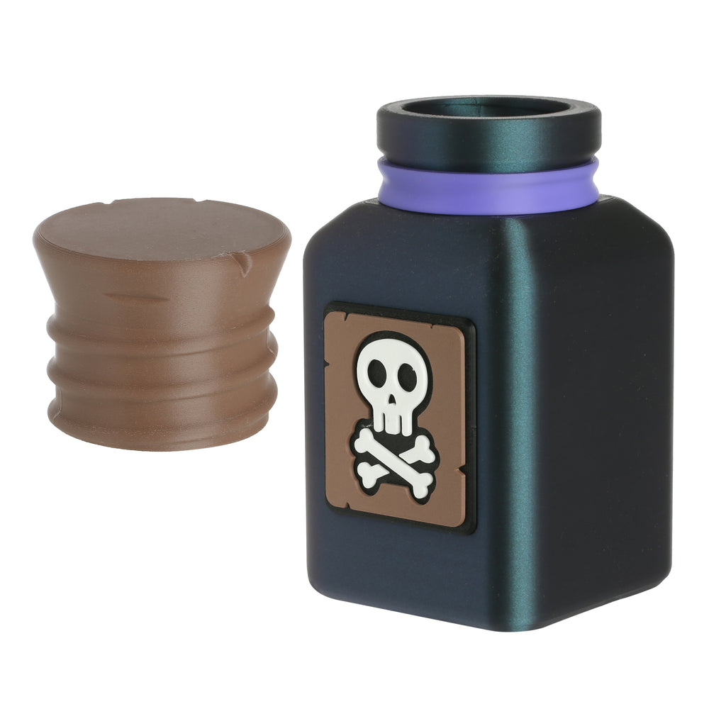 Black container with skull and crossbones design and brown cap on a white background