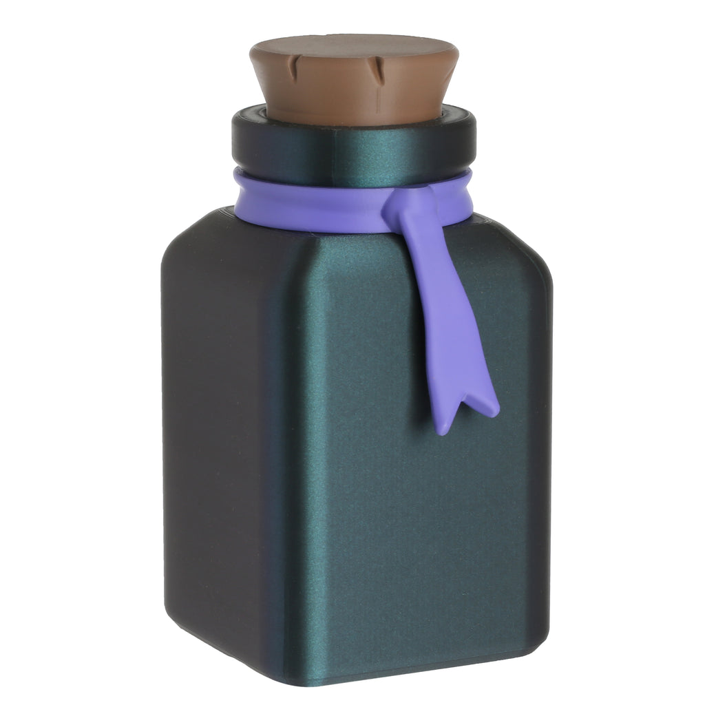 Dark green bottle with a purple ribbon and brown cap on a white background