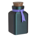 Dark green bottle with a purple ribbon and brown cap on a white background