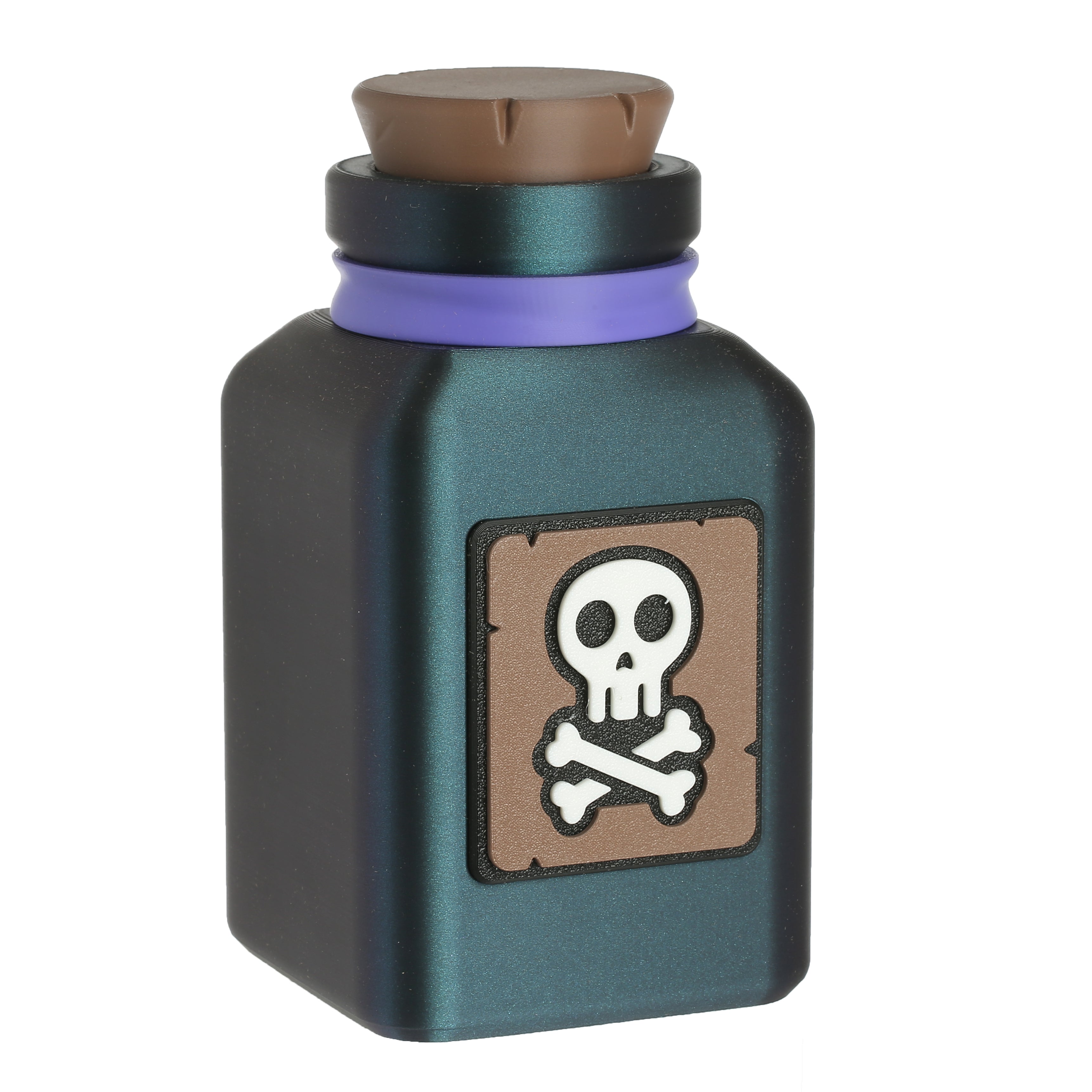 Bottle with skull and crossbones design on a white background