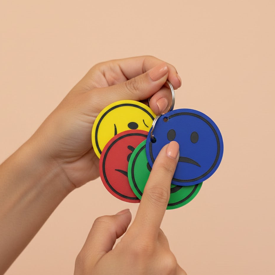 Hand holding colorful emoji keychains against a beige background