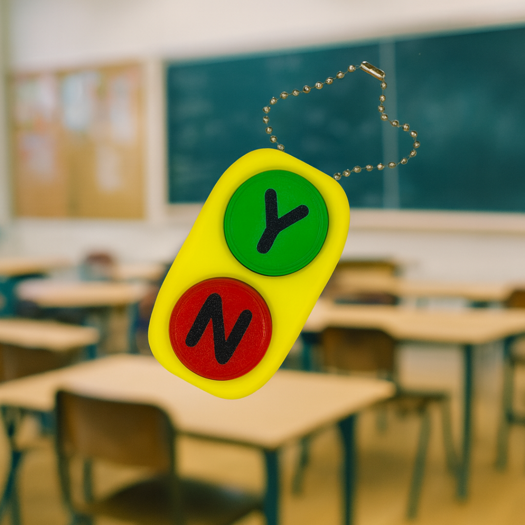 Colorful keychain with letters 'Y' and 'N' in a classroom setting