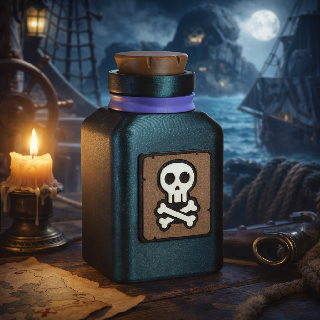 Potion bottle with skull and crossbones label in a pirate-themed setting